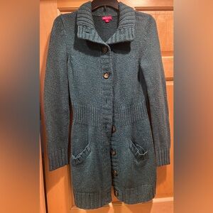 Merona Women's Button Up Teal Cardigan Sweater with Pockets Brown Buttons Size M